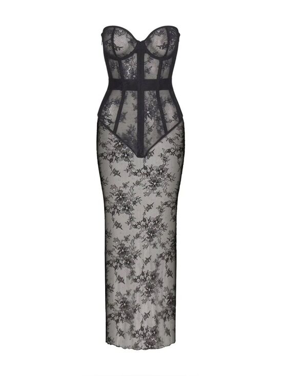 SKIMS Dresses & Skirts - NWT SKIMS Ultra Fine Lace Strapless Corset Long Dress Sz XXS